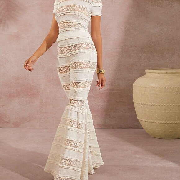 boho women's Mixed Fabric Lace Top & Flared Pants Two Pieces Set - Picture 4 of 7